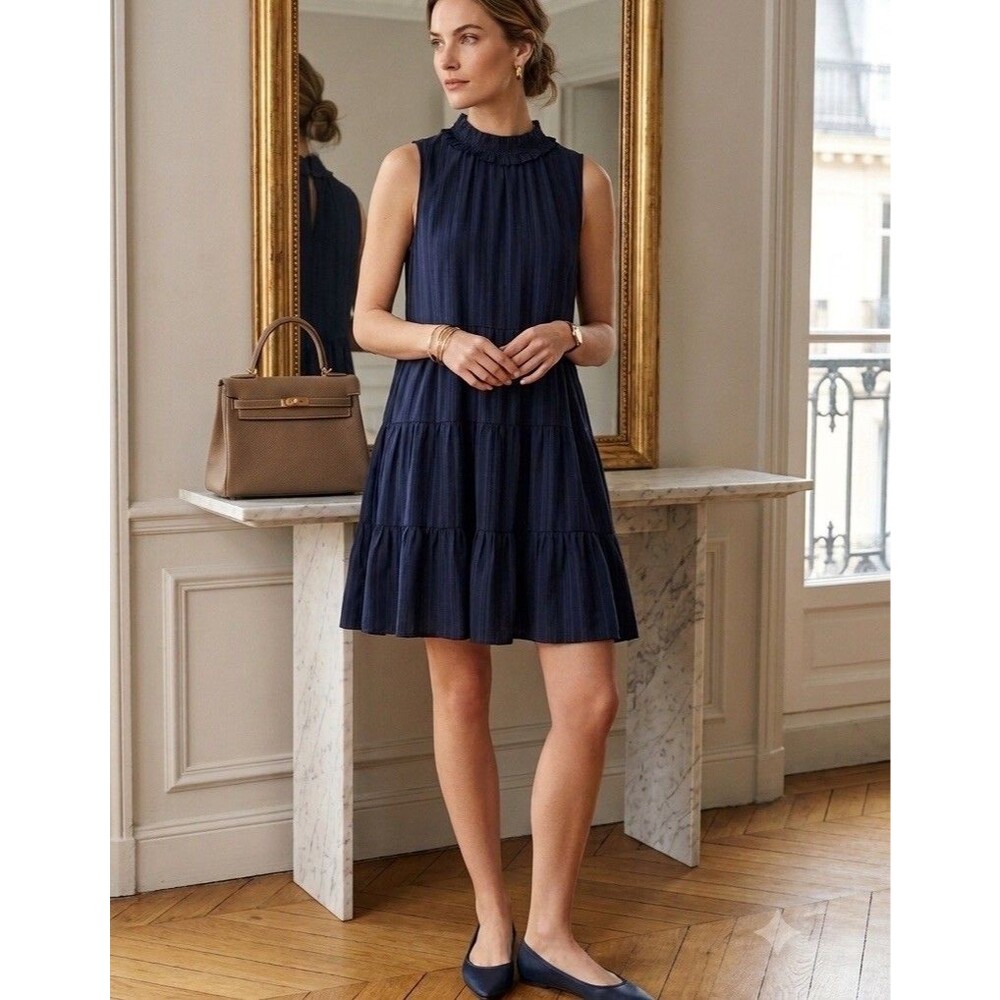 GLAM Navy Blue Tiered Mock Neck Mini Dress Sleeveless Ruffle Babydoll Size M
